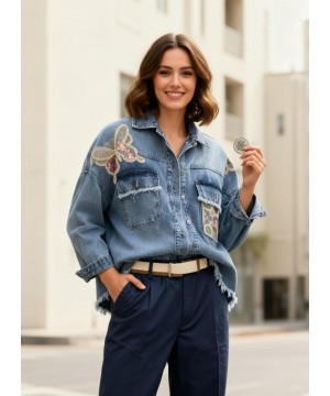 Kelebek Nakışlı Denim Gömlek