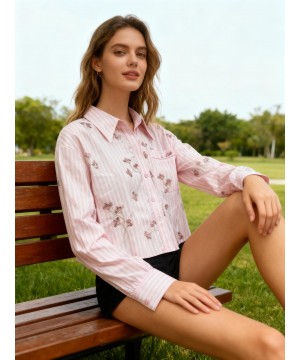 Pullu Çiçek Detaylı Pembe Gömlek