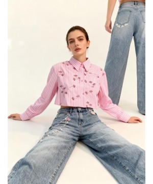 Çiçek Nakışlı Kot Pantolon