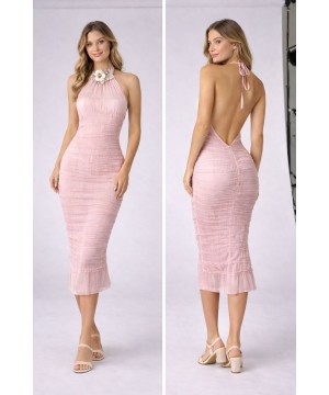 Çiçek Detaylı Sırtı Açık Midi Elbise