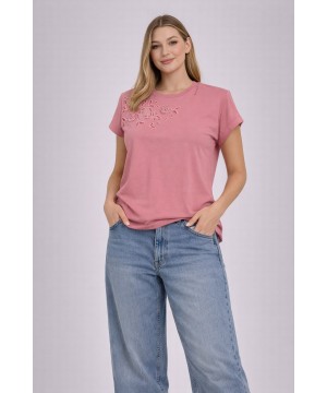 Çiçek Nakış Detaylı Taşlı Pembe Tişört
