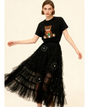 Çiçek Detaylı Siyah Etek