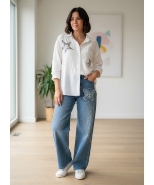 Kelebek Desenli Taşlı Kot Pantolon